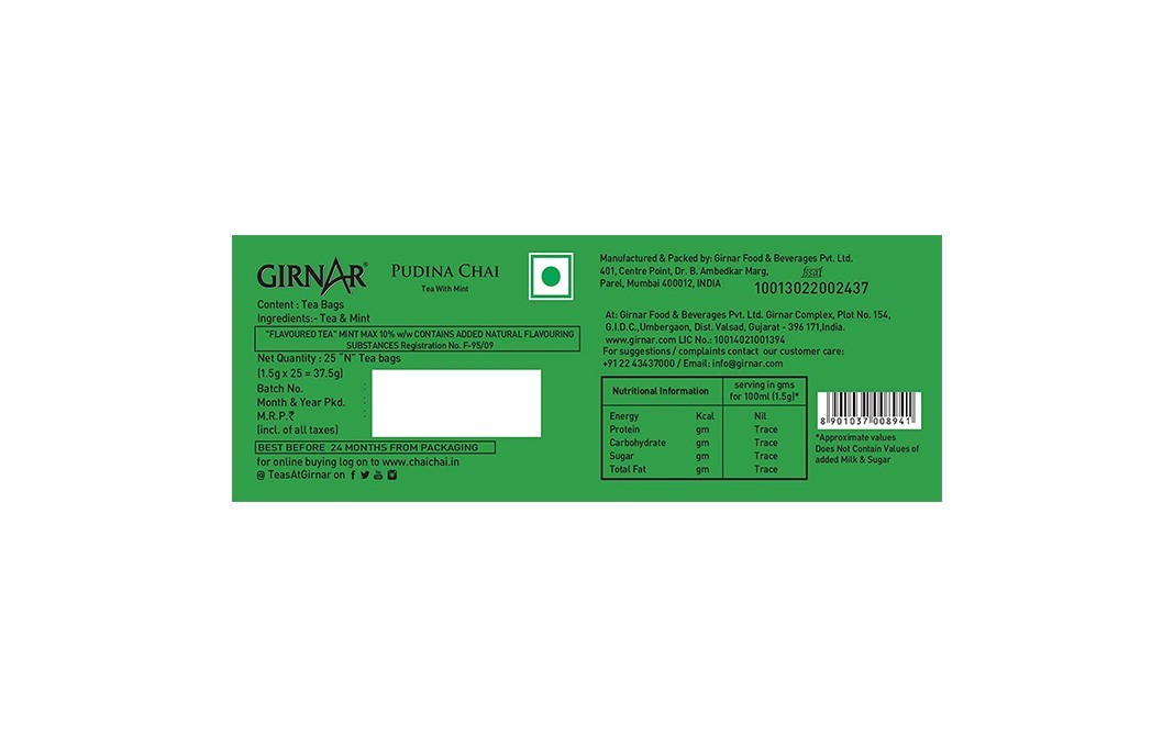 Girnar Pudina Chai (Tea with Mint)   Box  25 pcs